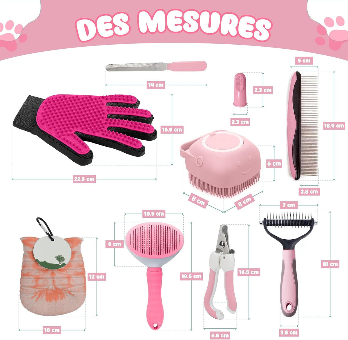 Kit Toilettage Chien Et Chat 9 Pièces, Rose - Gant Poil Chat, Brosse Autonettoyante Et Accessoires - Set Toilettage Du Chien Avec Brosse Bain À Savon, Lave Patte Silicone Et Coupe Ongles
