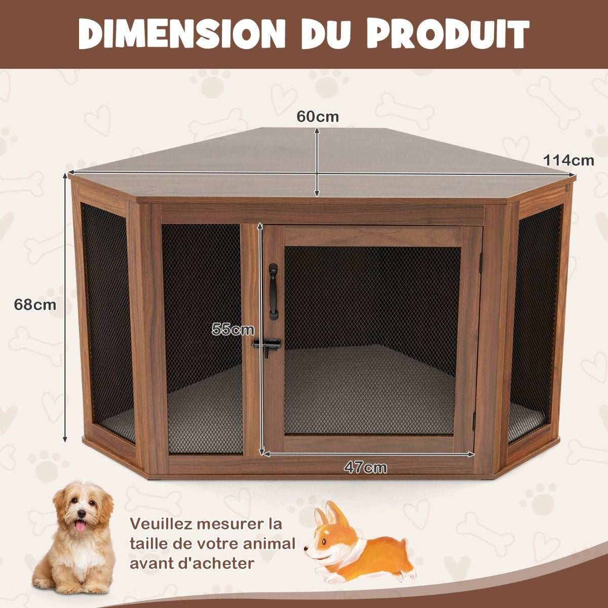 Cage Pour Chien Intérieur XXL Cage D’Angle Pour Animaux De Compagnie Avec Porte Verrouillabl Niche Chien Caisse Chien 114 X 60 X 68 CM Brun