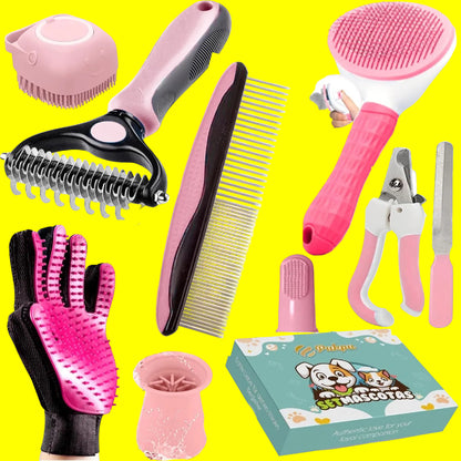 Kit Toilettage Chien Et Chat 9 Pièces, Rose - Gant Poil Chat, Brosse Autonettoyante Et Accessoires - Set Toilettage Du Chien Avec Brosse Bain À Savon, Lave Patte Silicone Et Coupe Ongles
