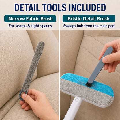 4-In-1 Reusable Pet Hair Remover Brush - Long Handle, Detail Brushes, Flexible Bristles, Reusable Pads, Deshedding & Fur Removal Tool for Multi-Surface Sofas, Rugs, Bedding
