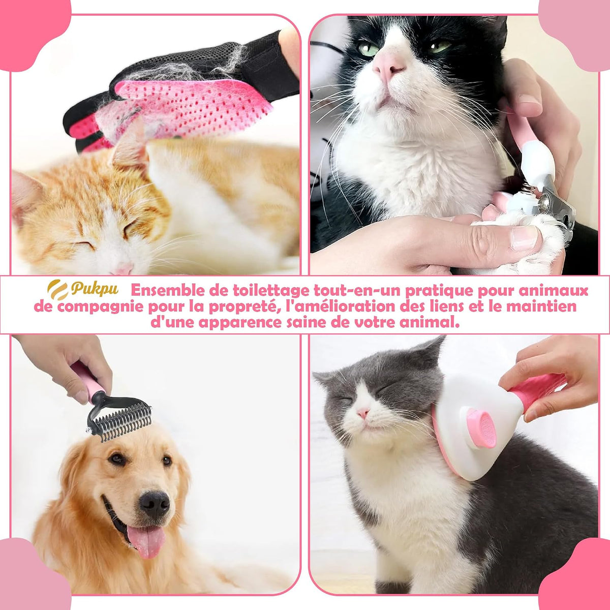 Kit Toilettage Chien Et Chat 9 Pièces, Rose - Gant Poil Chat, Brosse Autonettoyante Et Accessoires - Set Toilettage Du Chien Avec Brosse Bain À Savon, Lave Patte Silicone Et Coupe Ongles