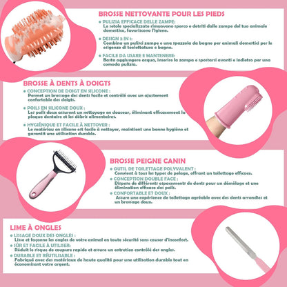 Kit Toilettage Chien Et Chat 9 Pièces, Rose - Gant Poil Chat, Brosse Autonettoyante Et Accessoires - Set Toilettage Du Chien Avec Brosse Bain À Savon, Lave Patte Silicone Et Coupe Ongles