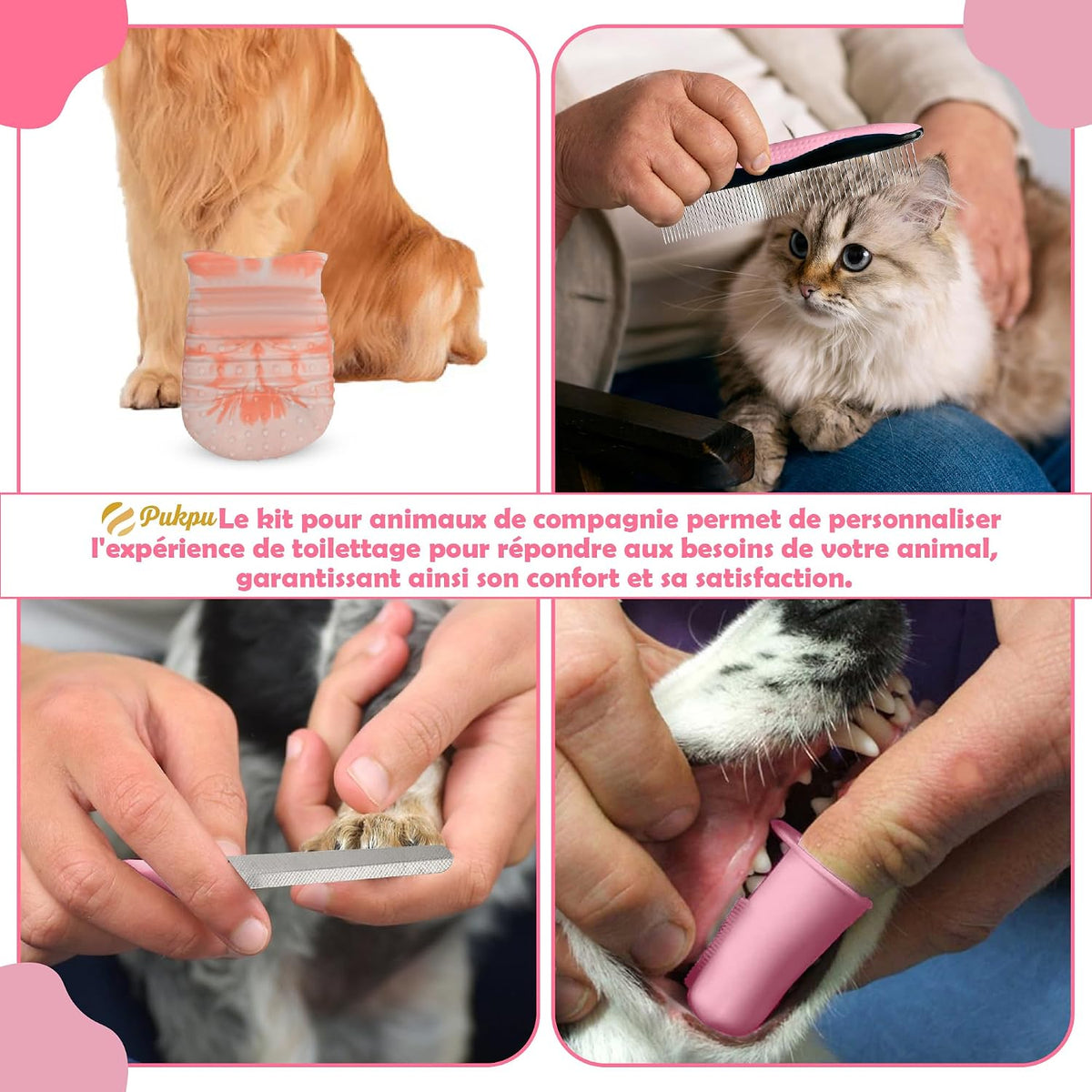 Kit Toilettage Chien Et Chat 9 Pièces, Rose - Gant Poil Chat, Brosse Autonettoyante Et Accessoires - Set Toilettage Du Chien Avec Brosse Bain À Savon, Lave Patte Silicone Et Coupe Ongles