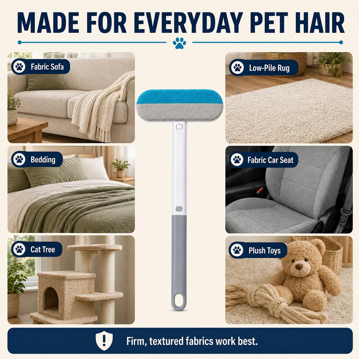 4-In-1 Reusable Pet Hair Remover Brush - Long Handle, Detail Brushes, Flexible Bristles, Reusable Pads, Deshedding & Fur Removal Tool for Multi-Surface Sofas, Rugs, Bedding