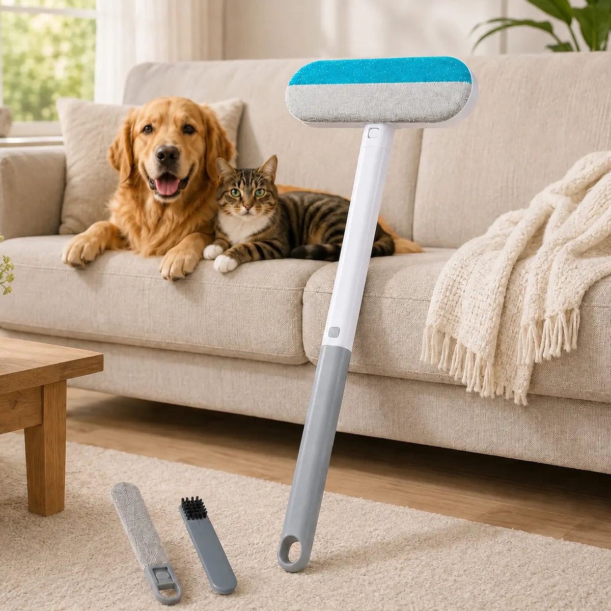 4-In-1 Reusable Pet Hair Remover Brush - Long Handle, Detail Brushes, Flexible Bristles, Reusable Pads, Deshedding & Fur Removal Tool for Multi-Surface Sofas, Rugs, Bedding