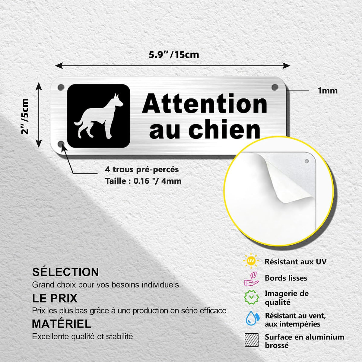 Plaque Attention Chien 15X5Cm - Adhésif Inclus 2 Pièces