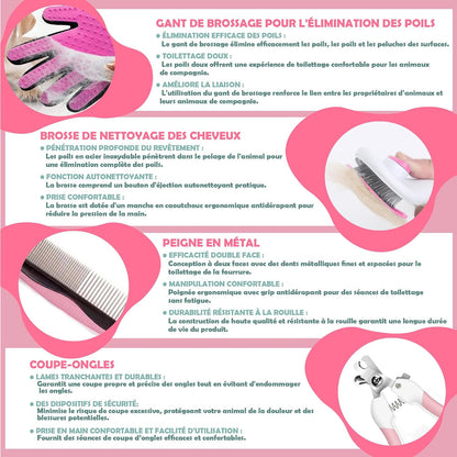 Kit Toilettage Chien Et Chat 9 Pièces, Rose - Gant Poil Chat, Brosse Autonettoyante Et Accessoires - Set Toilettage Du Chien Avec Brosse Bain À Savon, Lave Patte Silicone Et Coupe Ongles