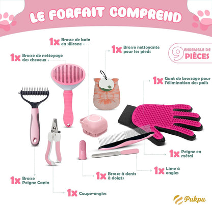 Kit Toilettage Chien Et Chat 9 Pièces, Rose - Gant Poil Chat, Brosse Autonettoyante Et Accessoires - Set Toilettage Du Chien Avec Brosse Bain À Savon, Lave Patte Silicone Et Coupe Ongles
